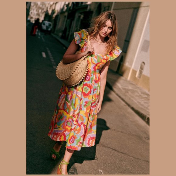 *NEW Sezane Melville Dress in Seventies Tie Back Ruffled Sleeve (Flaw) - Picture 4 of 9